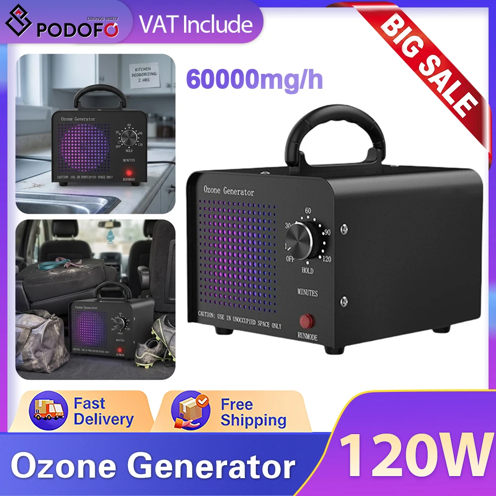Generador de Ozono Podofo de 60000 mg/h, Máquina de Ozono de 120W, Generador de Ozono Comercial/Industrial AC220-240V, Eliminador de Olores para Auto, Garajes, Hogar, Cocina, Oficinas, Habitaciones de Mascotas, Enchufe Europeo