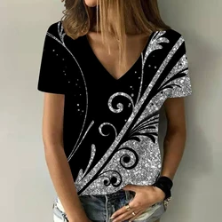 Abstract Flower 3D Print T-Shirts Women's Fashion Baroque Floral Oversized V-Neck T-Shirt Female Streetwear Girl Woman Tees Tops
