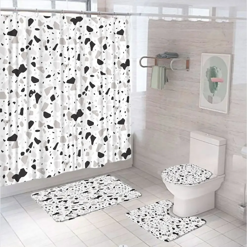 Black Gray Terrazzo Marble Shower Curtain Set Abstract Art Stone Bathroom Screen Anti-slip Bath Mat Toilet Lid Cover Carpet Rugs