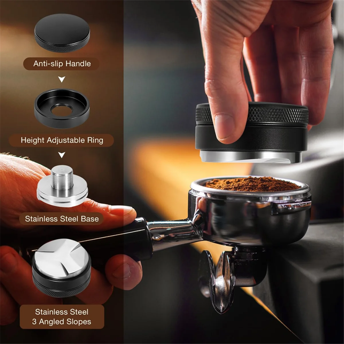 Espresso Tamper Set for 58 mm Porta Filter, Coffee Tamper Adjustable Coffee Distributor and Tamper Dosing Puck Strainer