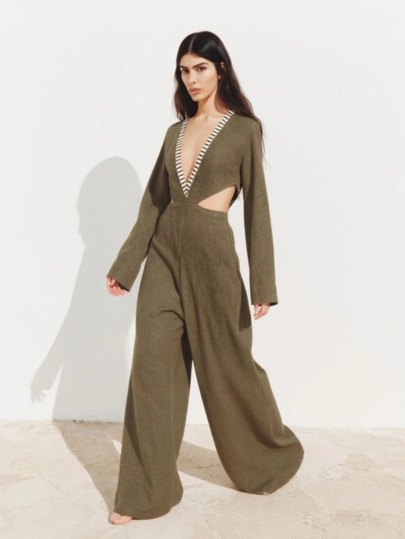 Robe Maxi à manches longues pour femmes, trou découpé, col plongeant, ligne a, décontractée, mode automne