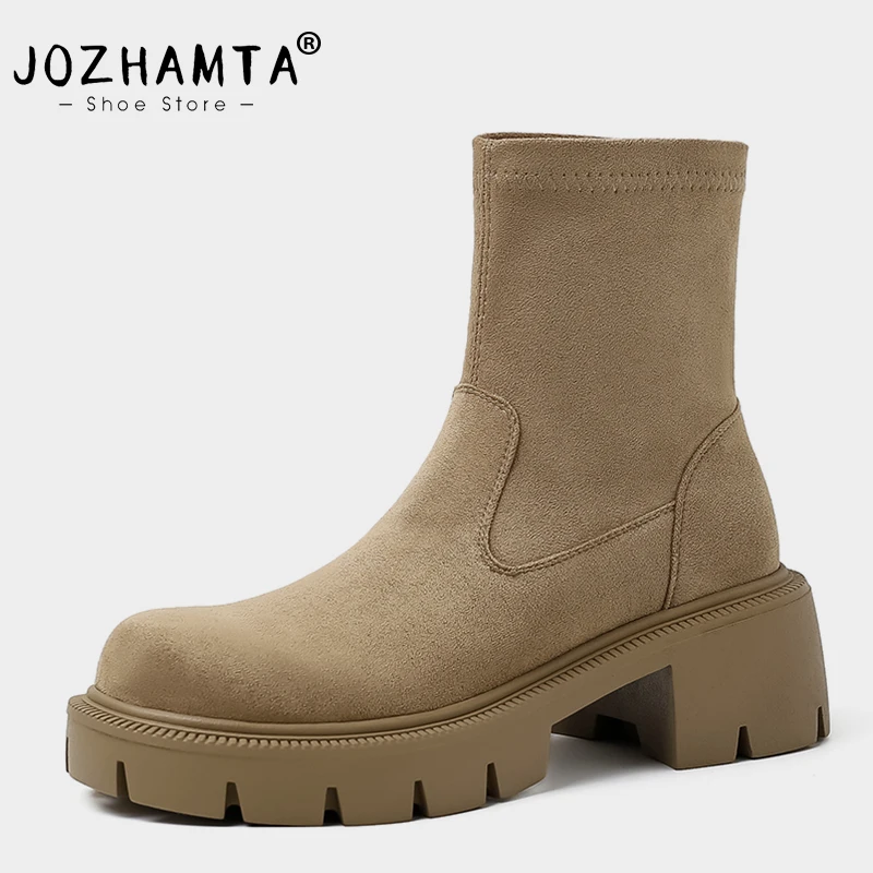 

JOZHAMTA Size 34-42 Women Ankle Chelsea Boots Suede Leather Thick High Heel Shoes Fall Winter 2024 Casual Platform Short Booties