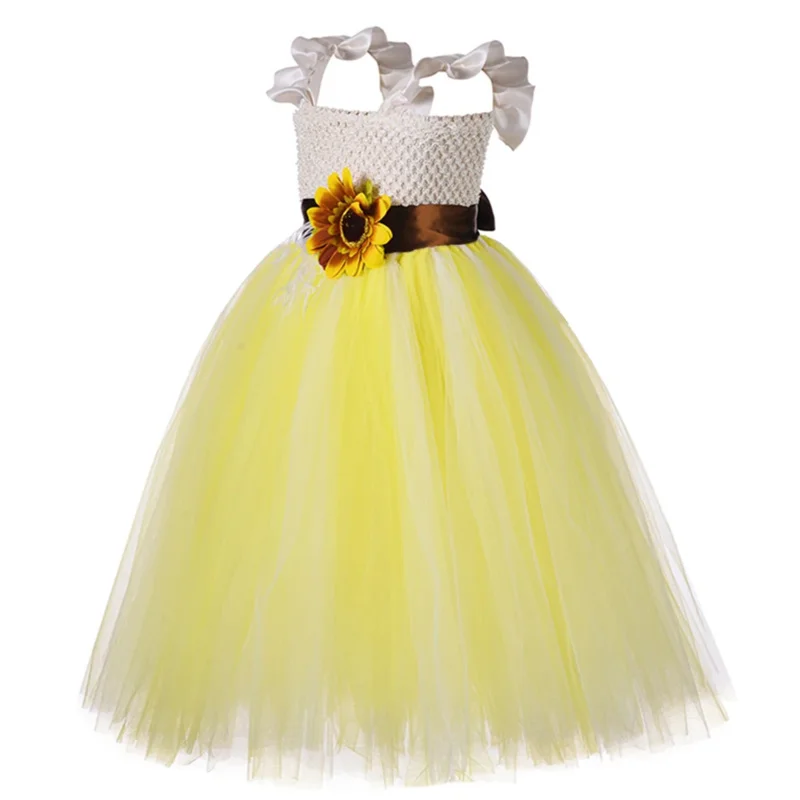 Yellow Flower girl tutu dress Princess girls pageant ball gown sunflower belt tulle wedding bridesmaid dresses for kids clothes