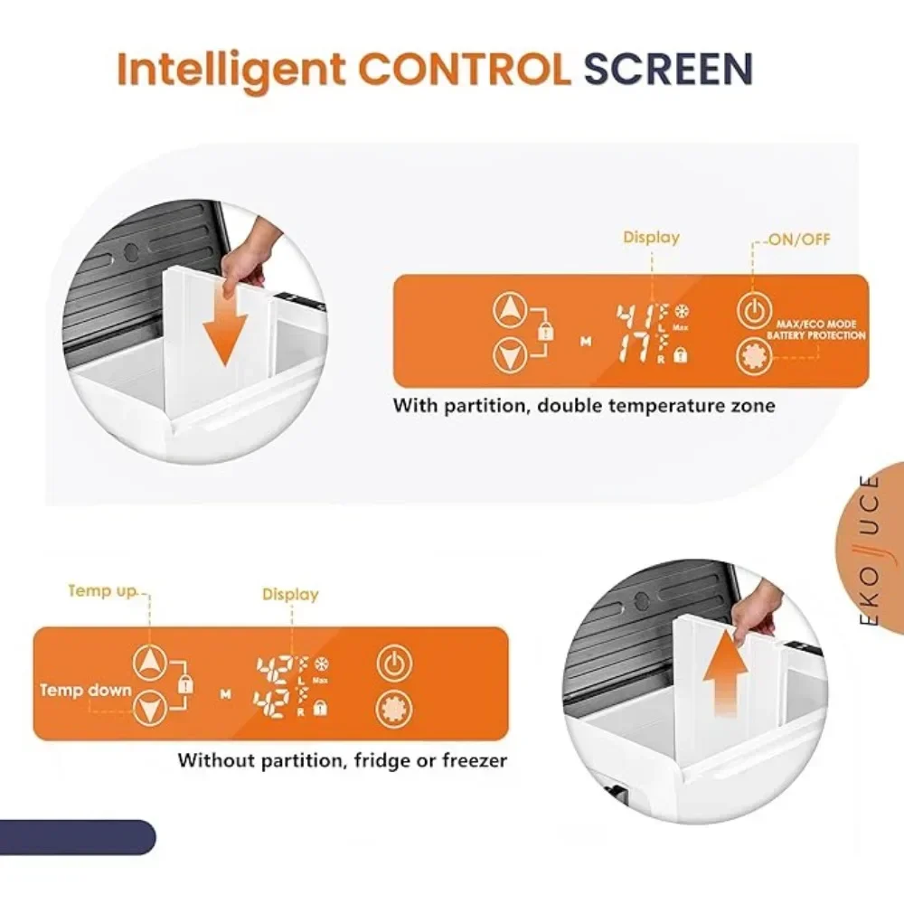 Geladeira 48QT, partição de área e inteligente, resfriamento forte e com eficiência energética, geladeira com apoio de braço para carro, geladeira portátil