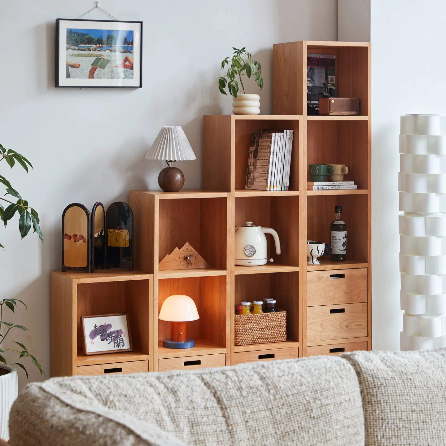 #Modern Minimalist Modular Solid Wood Cube Storage Unit With Open Shelves & Drawers