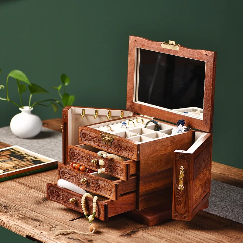 Solid Wood Jewelry Storage Box Retro with Lock Jewelry Cases Dustproof Mirror Jewellery Case Exquisite Portable Jewellery Boxes