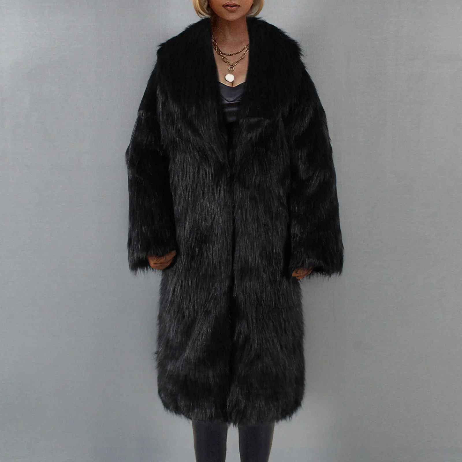 

Women Long Sleeve Full Length Faux Fur Coat Female Luxury Synthetic Plush Fur Jacket Outerwears Long Abrigos Y2k Clothing