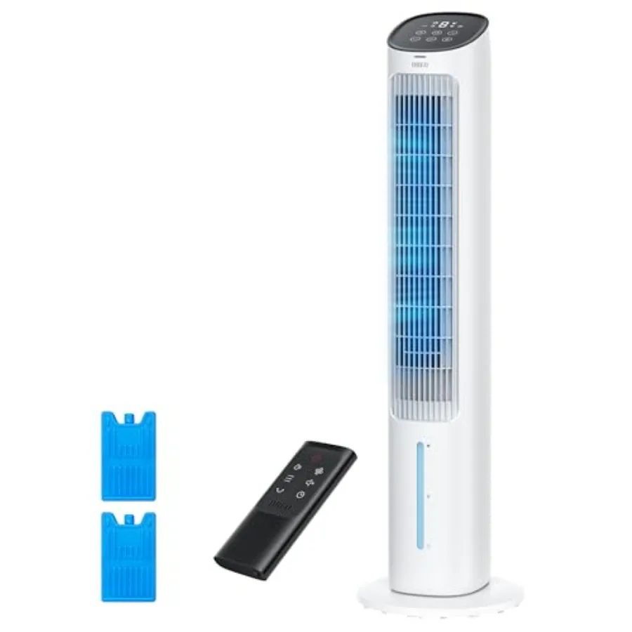 

Evaporative Air Swamp Cooler for bedroom use, white plastic unit with bladeless 80 oscillating fan, 4-speed cooling, removable