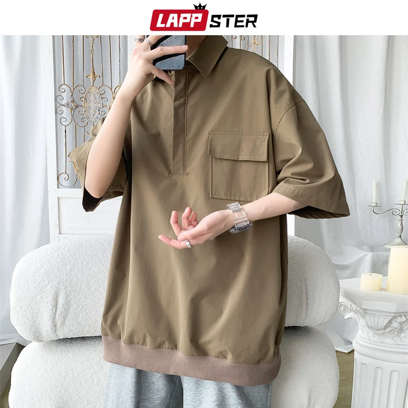 LAPPSTER Funny Pocket Korean Fashions Graphics T Shirts 2023 Summer Y2k Streetwear Coffee T-shirts Vintage Casual Button Tops