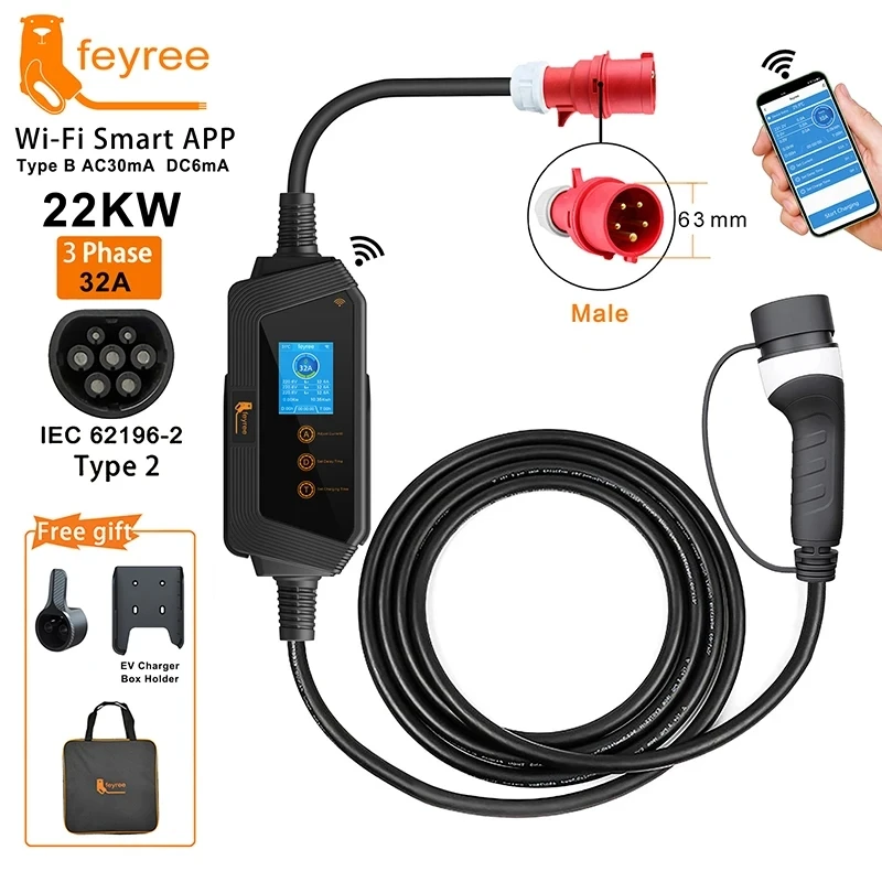 Feyree 22KW 32A 3-fasen Type 2 draagbare EV-lader met wifi-app-besturing, EVSE-laadbox, laadstation voor elektrische auto's