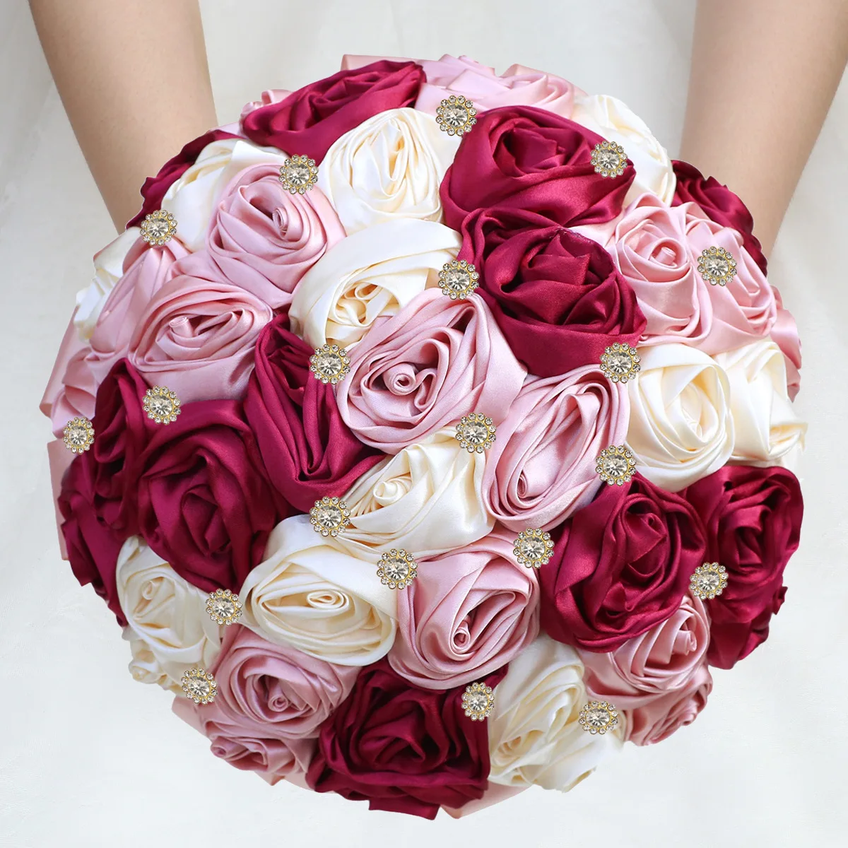 

Yannew Handmade Satin Rose Bridal Bouquet for Bride Blue Dusty Rose Golden Rhinestones on Toss Round Wedding Quinceanera Bouquet