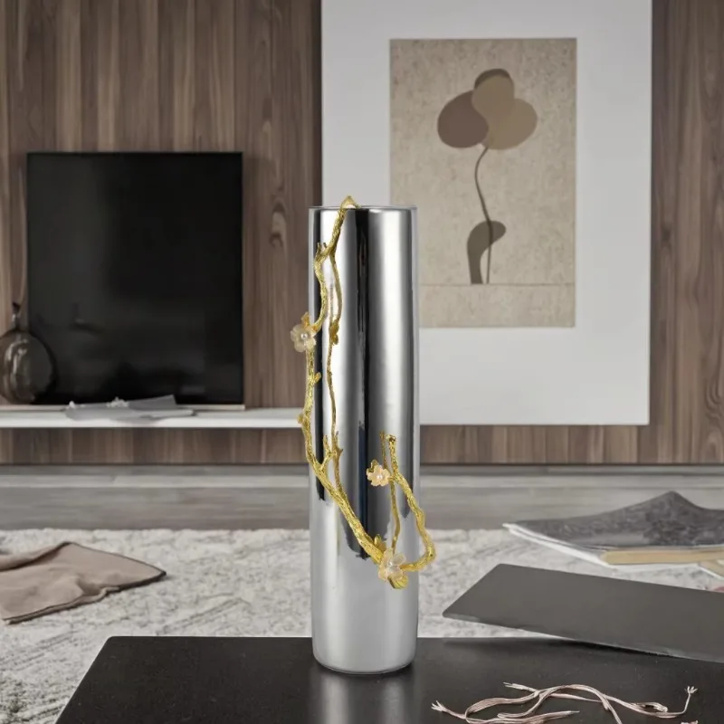 Simple and stylish cylindrical silver ceramic desktop flower storage vase beautiful room office alloy support home decoration