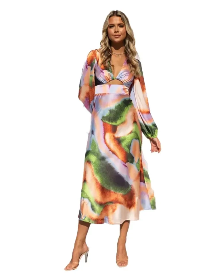 Sexy Bodycon Tie Dye Gedrukt Satijn Lange Feestjurken Voor Vrouwen Lange Mouw Diepe V-hals Hollow Out Slim Prom Dress Vestidos 2023
