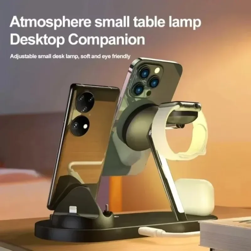 8 in 1 Wireless Charger Stand Dual Phone Charging Station with Atmosphere Lamp for iPhone iWatch AirPods Android Home Office Use