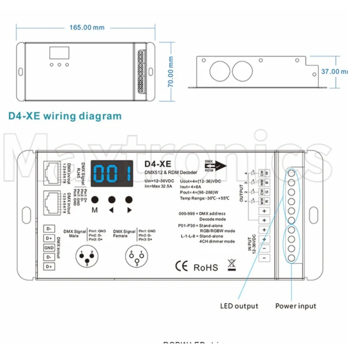 DMX512 RDM LED Decodificador Controlador D4-XE 4CH PWM Tensão Constante CV Com Display Digital XLR3 RJ45 DC12V 24V 36V Entrada 8A * 4CH