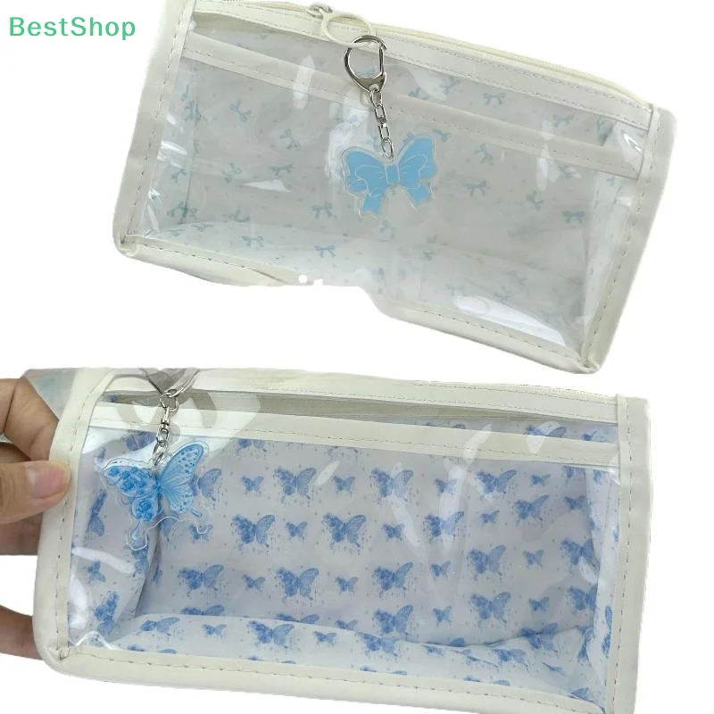 

Waterproof Blue Butterfly Floral Print Double Layer Pen Bag Large Capacity Storage Bag School Office Supplies Stationery