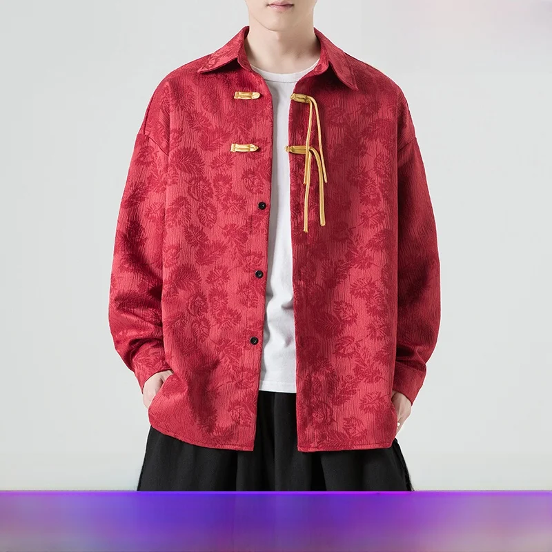 

Мужская рубашка свободного кроя из ледяного шелка с длинным рукавом, вышивкой и пуговицами, новая коллекция весна-осень, традиционная китайская одежда
