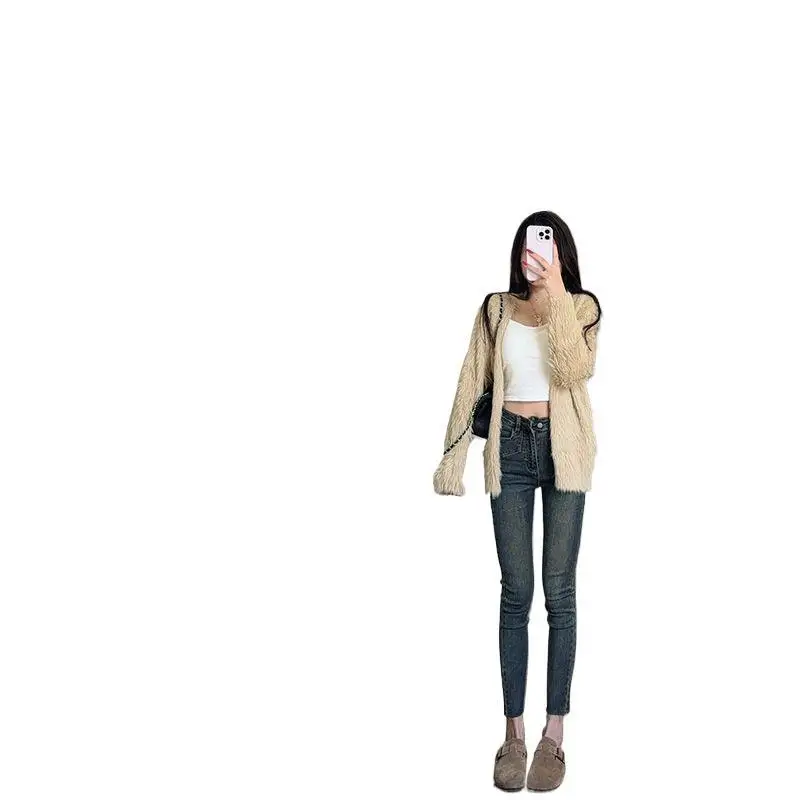 2025 женские осенне-зимние шикарные джинсы скинни на толстой флисовой подкладке с высокой талией