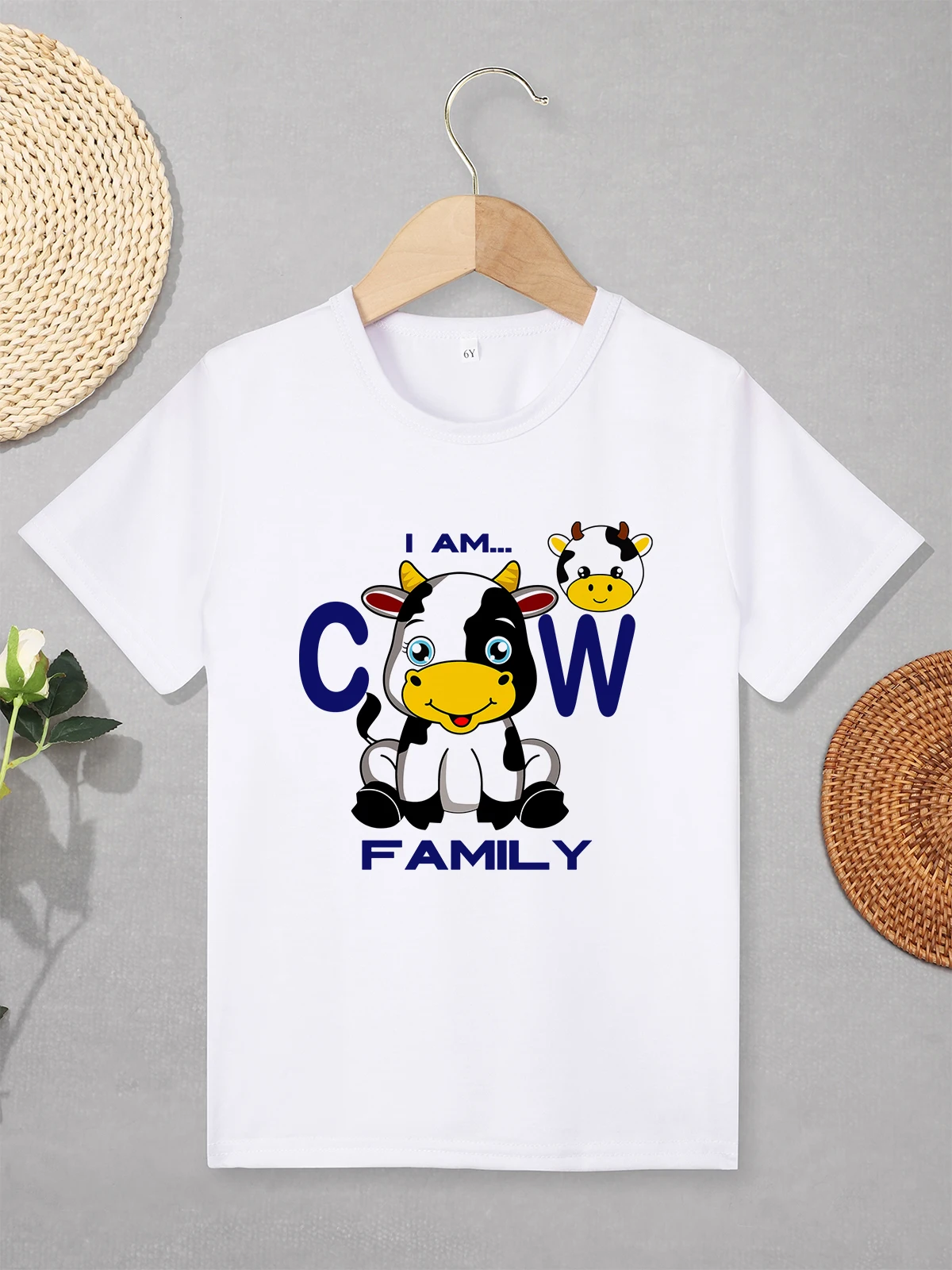 I am Cow Family Fun Cute Children's T-shirt Cartoon Aesthetic Casual Summer Toddler Clothes Loose Breathable High Quality Fabric