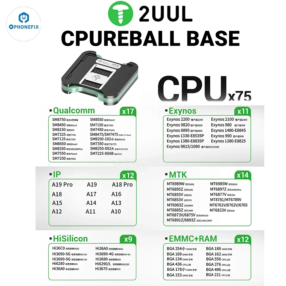 

2UUL BH17 CPUREBALL BASE Набор магнитных двухсторонних платформ для реболлинга с трафаретом для процессора 75 шт. для iPhone 7-17 Pro Max Qualcomm EMMC