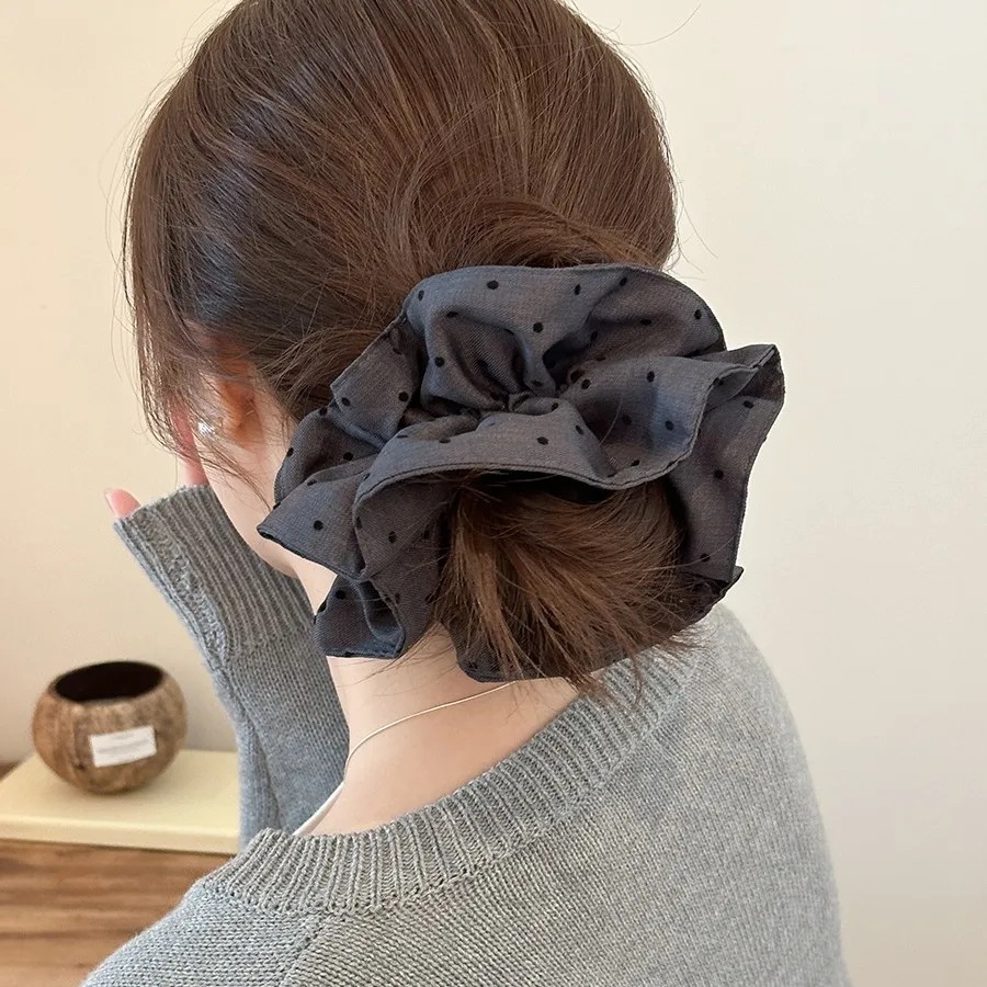 

Korean Crinkle Dot Scrunchie Black Fabric Hair Tie Boho Lazy Chic Hair Accessories for Women No Dent