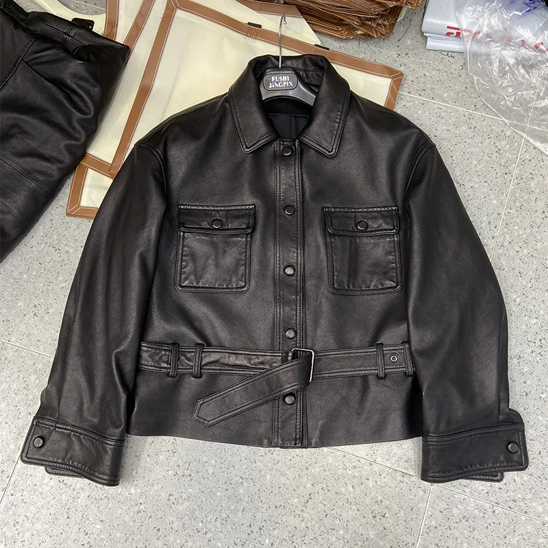 Spring Luxury Female Genuine Sheepskin Bubble Leather Coat Autumn Black Belt Slim Fashion Real Leather Jacket view 4