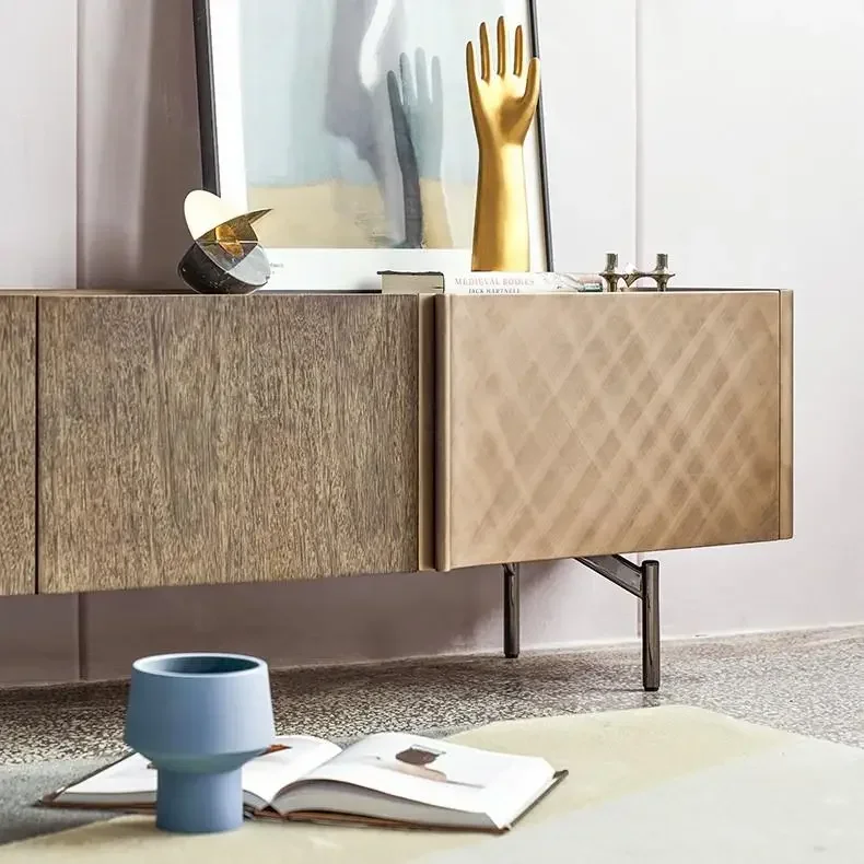 Italian minimalist TV cabinet living room wood natural marble decorative storage cabinet