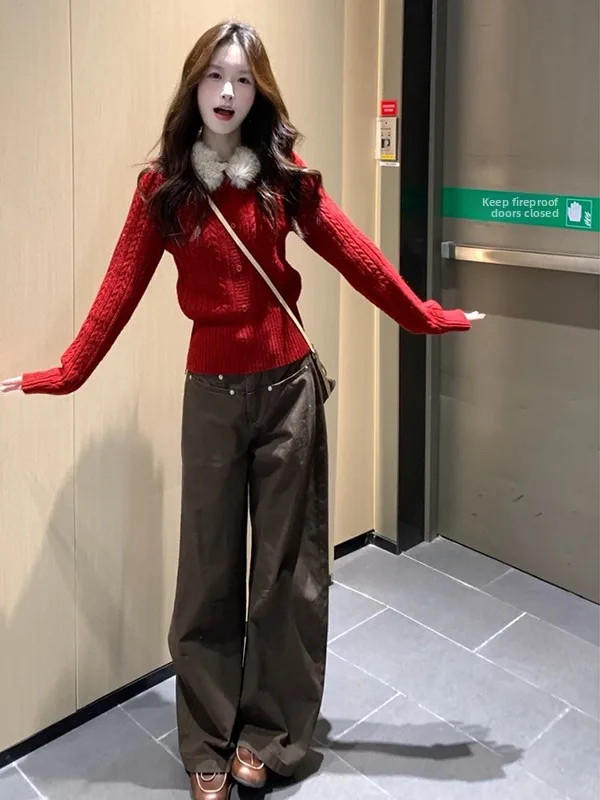 

Женские джинсы-брюки из коричневого денима в стиле ретро, с высокой талией, широкими штанинами, свободного кроя, для работы, новинка зимы 2025, модель Sle Knife