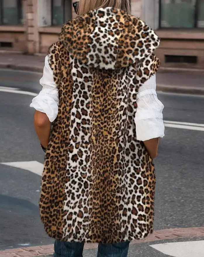 Women Casual Thermal Coat Reversible Leopard Pattern Vests Sleeveless Fleece Jacket Zip Up Hoodie Pockets Long Warm Winter Coats