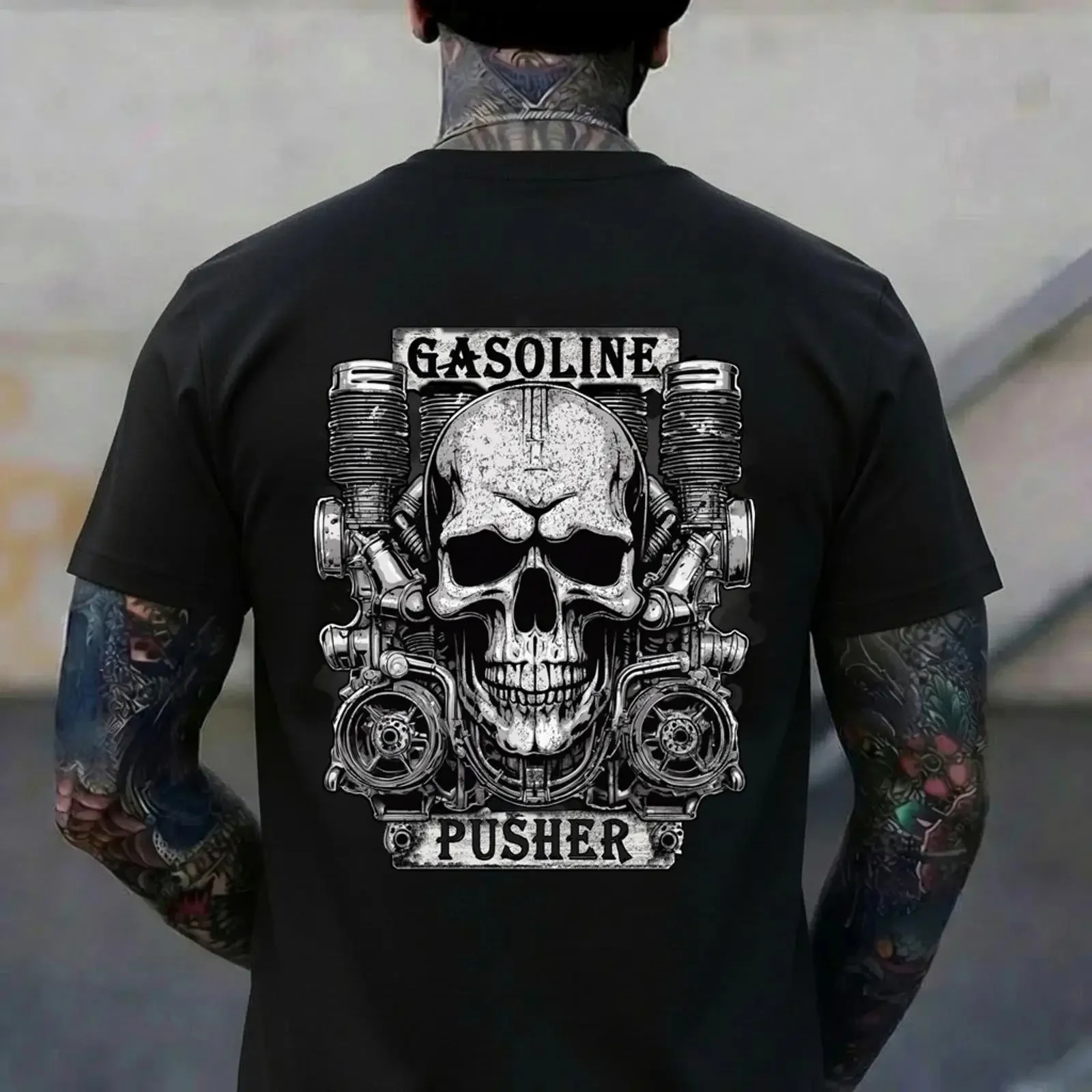 Skull with Motor _ Petrol Pusher Motorcycle and Gothic Fun Long Sleeve T Shirt vintage Washed streetwear Unisex Stylish