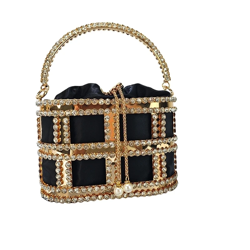 JIOMAY Bucket Bag Luxury Women Ladies Evening Wedding Purse Rhinestone Clutch Bag Luxury Designer Handbag Metal Bucket Tote Bag