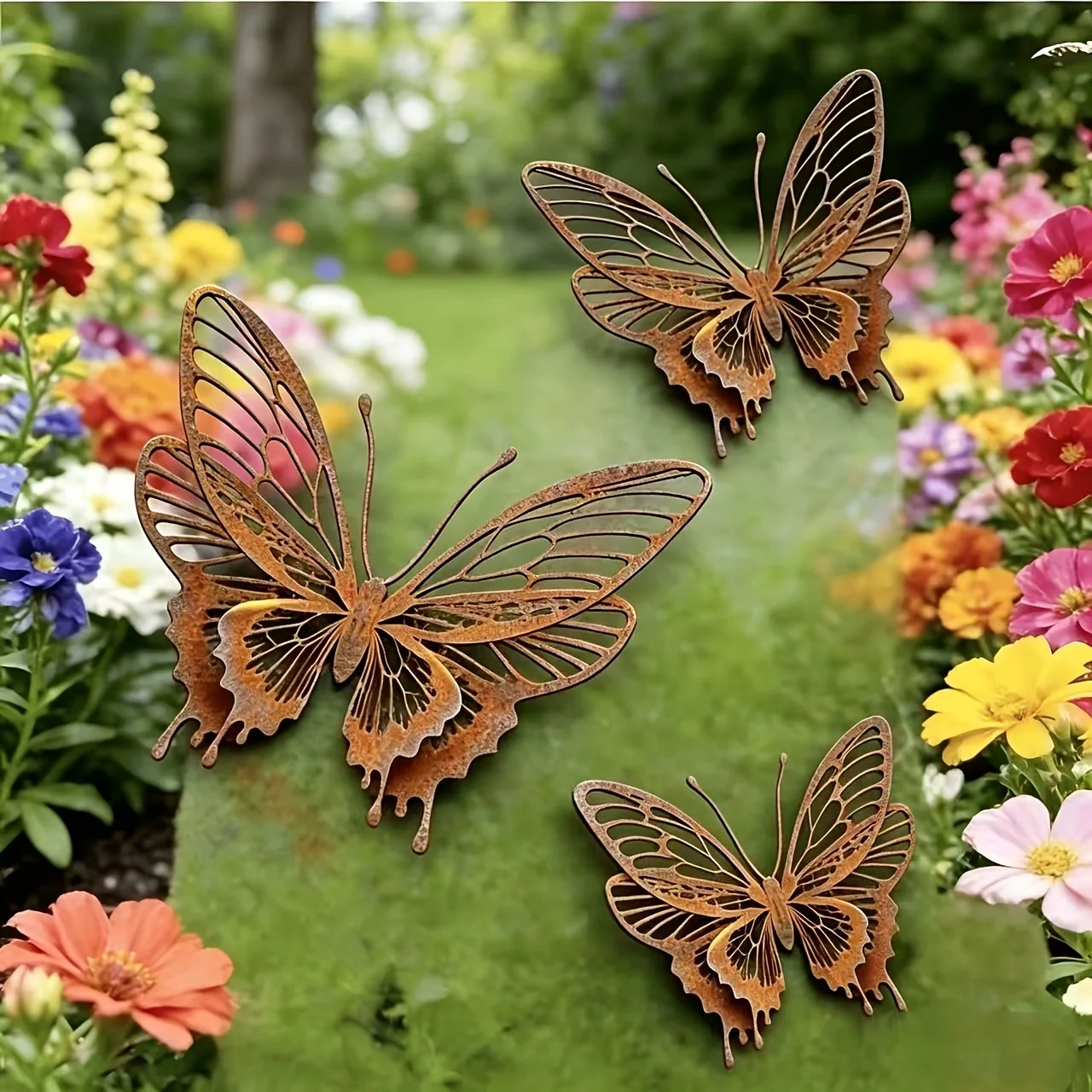 3PCS Vintage Metal Butterfly Garden Decor, Rustic Rust-Colored 8-Wing Sculpture Set