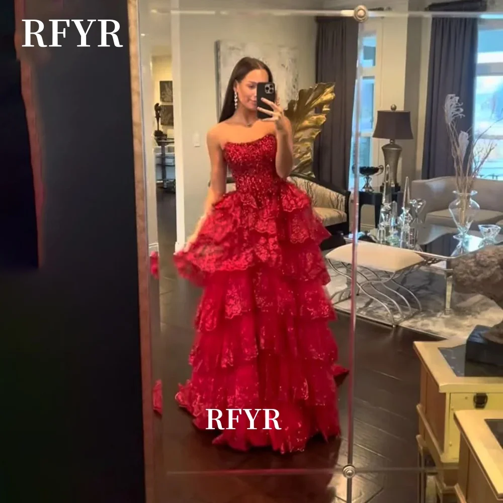RFYR A Line Evening Dress Scoop Neck Prom Dress Lace Applique Vestidos De Noche Shiny Party Dress High Slit Gala Gown Customized