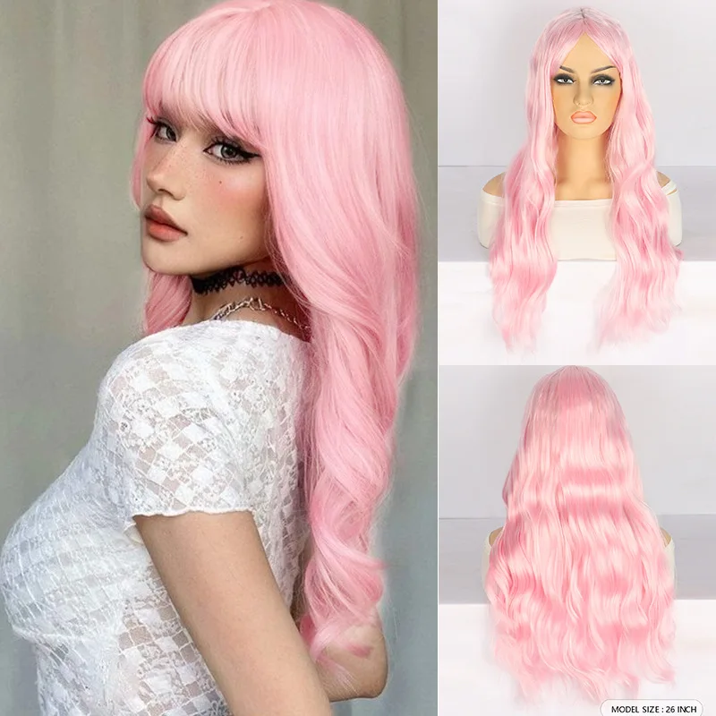 Wig for European and American women, synthetic fiber, pink, middle-parted, wavy bangs, long curly hair, high-temperature fiber