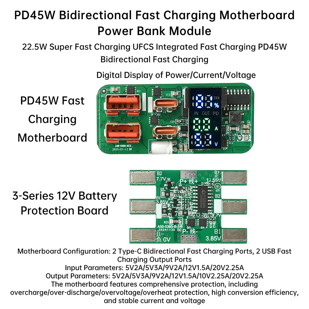 

PD 45 Вт двунаправленный модуль быстрой зарядки Power Bank, материнская плата 3S, плата защиты аккумулятора, светодиодный с датчиком температуры
