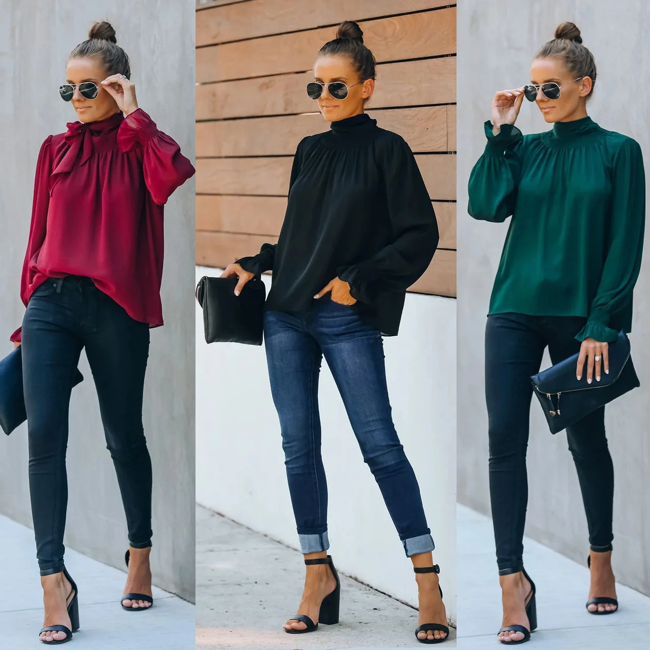

New Women Pleated Scarf Two-piece Top Split Loose Casual Turtleneck Shirt