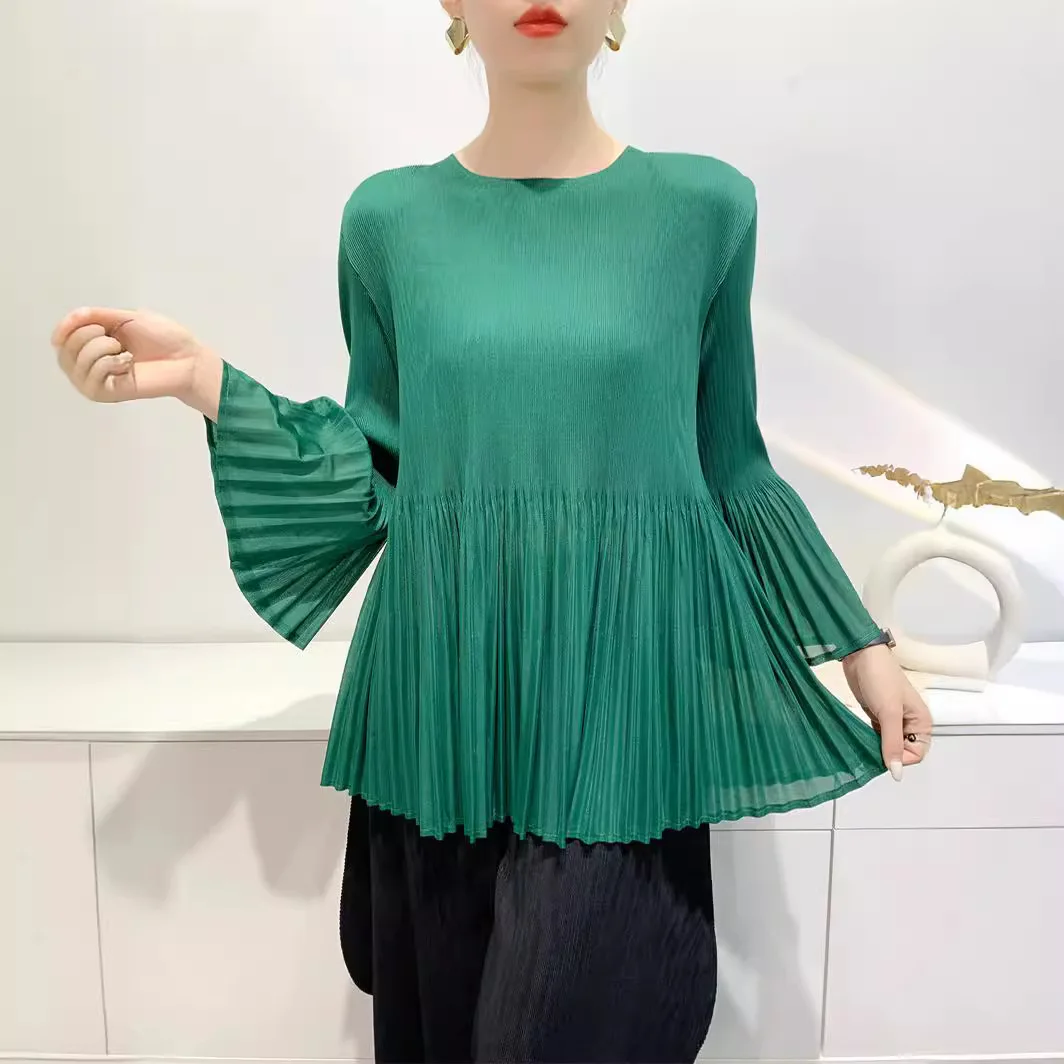 

Miyake Women's Tops Pleated Style Long Sleeve T-Shirt New Simple Comfortable Casual Round Neck Slim Women's Clothing