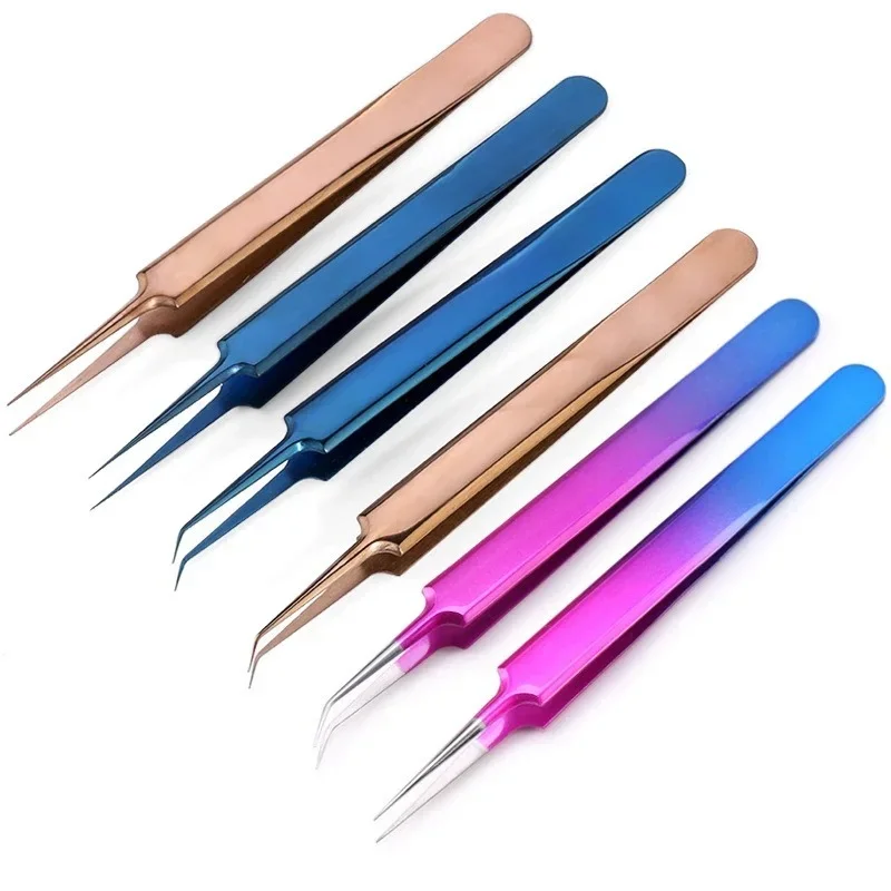 Tweezers Stainless Steel Gold Blue for eyelash extension high-precision eyelash extension tweezers Thin tip