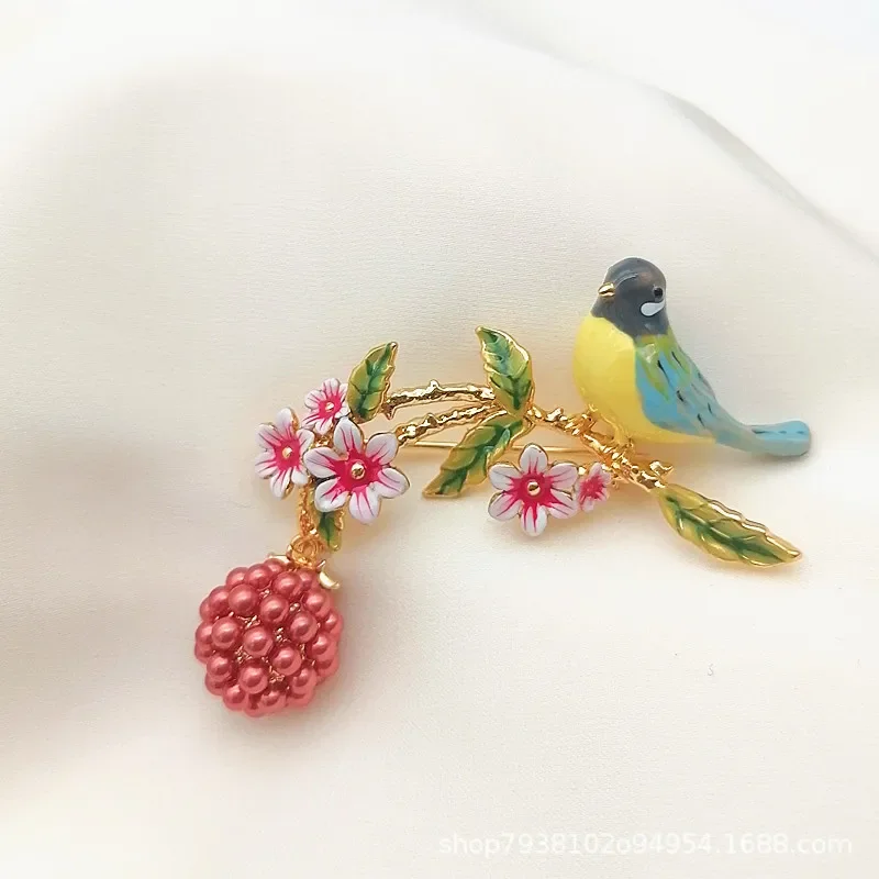 18K Gold Plated Hand Painted Enamel Color Glaze Girl Wind Sparrow Bird Sweet Flowers Raspberry Necklace Bracelet Set