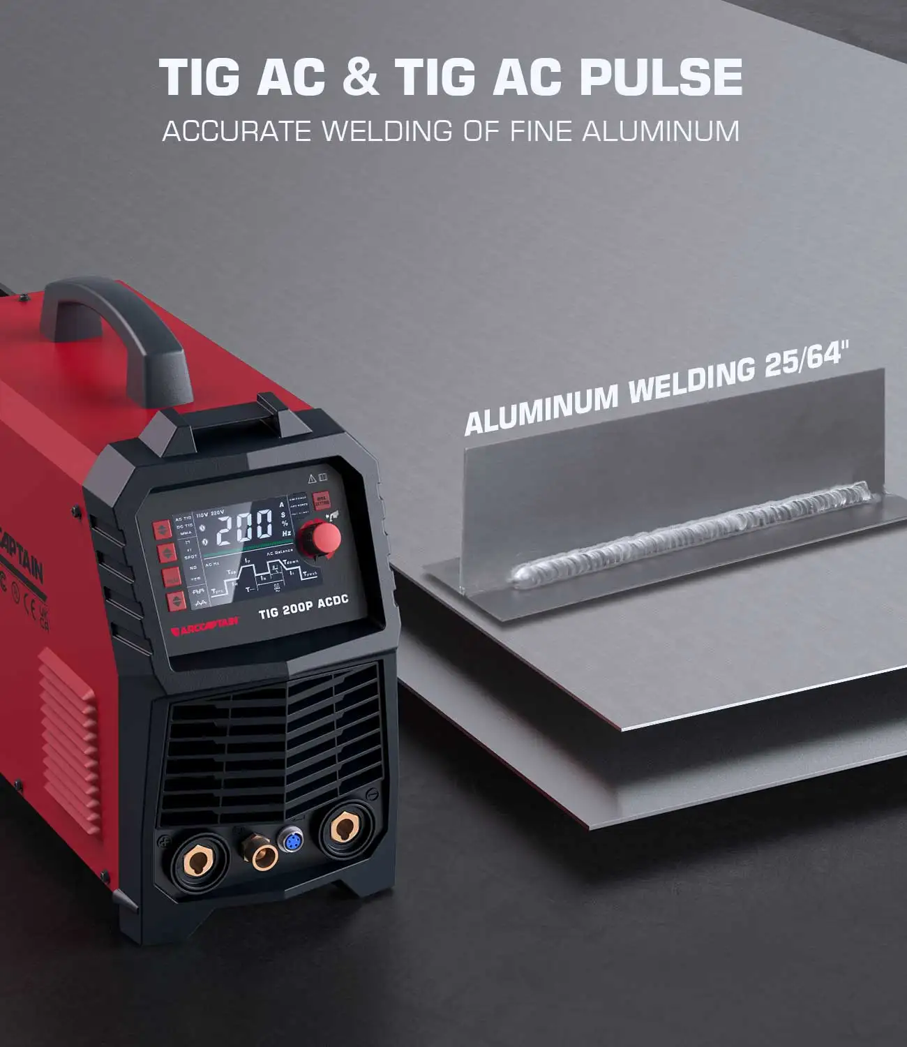 ARCCAPTAIN 7 in 1 Tig AC/DC Welding Machine 220V 200A Inverter TIG/StickPulse Aluminum Square/Triangular Wave/Spot MultiProcess