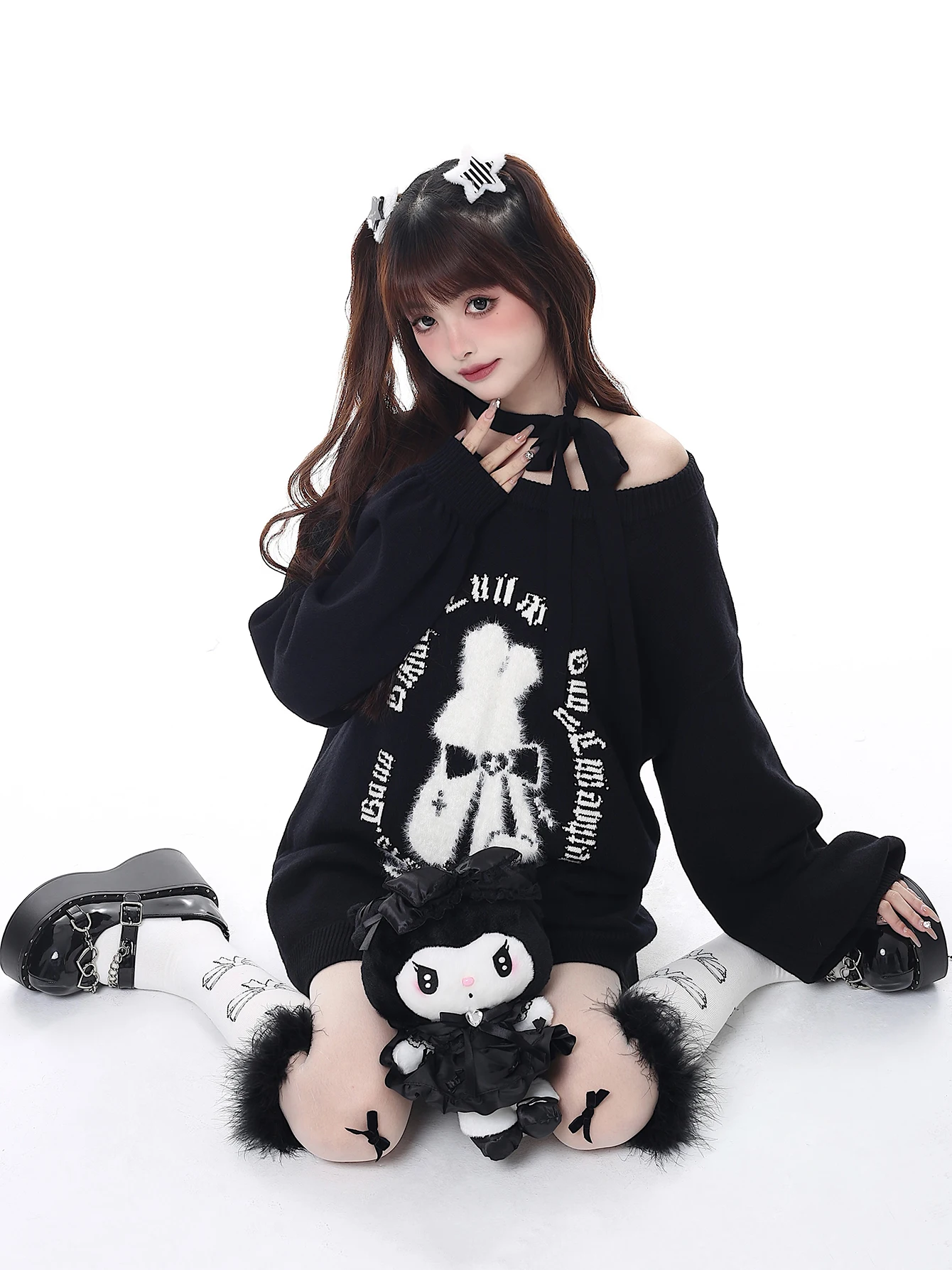 REDDACHiC Bunny Christmas Sweater Pullover Lantern Sleeves Casual Oversized Top