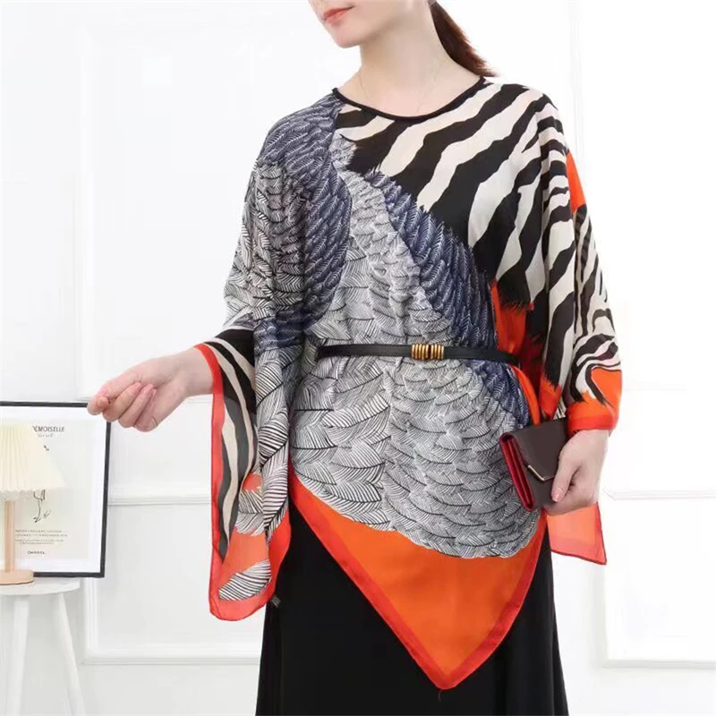 110Cm Square Shawls Summer Beach Sexy Women Fashion Print Silk Smock View Cover Up Loose Blouse Sunscreen Comfortable Poor Nchoh