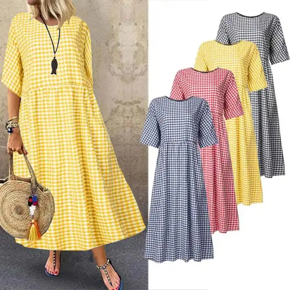 

Lightweight Maxi Dress Stylish Check Print Maxi Dress for Women O Neck A-line Pleated Loose Pullover with Short for Commute