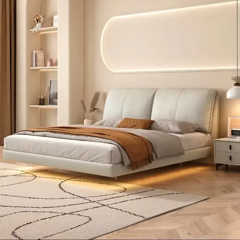 Modern Minimalist Small Elephant Ear Leather Suspended Bed Sensor Light Strip Comfortable Queen/King Size Soft Padding Master