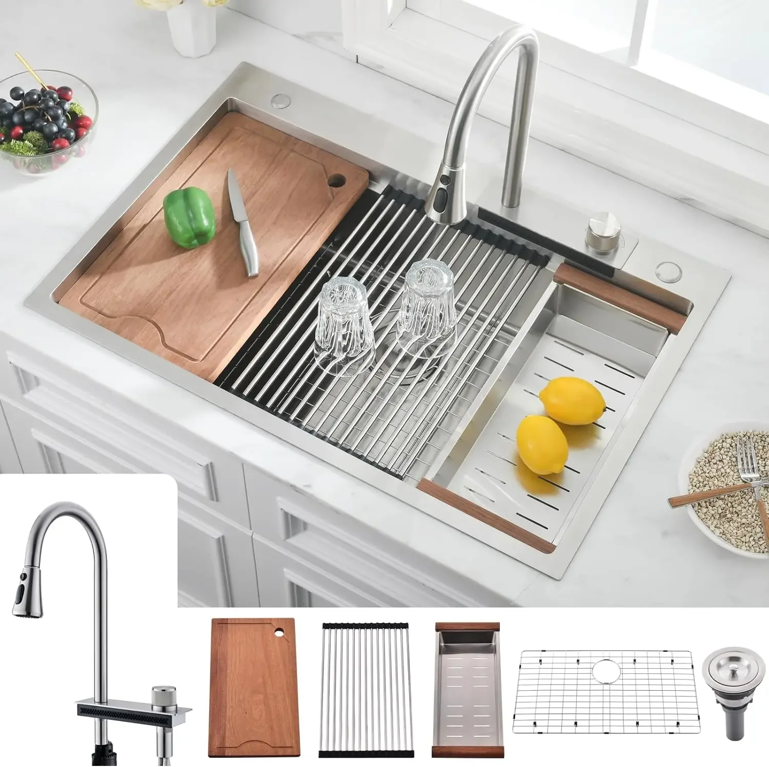 

33 Inch Drop in Waterfall Kitchen Sink Workstation-33×22 Drop in Kitchen Sink Top-mount Workstation Kitchen Sink 16 Gauge