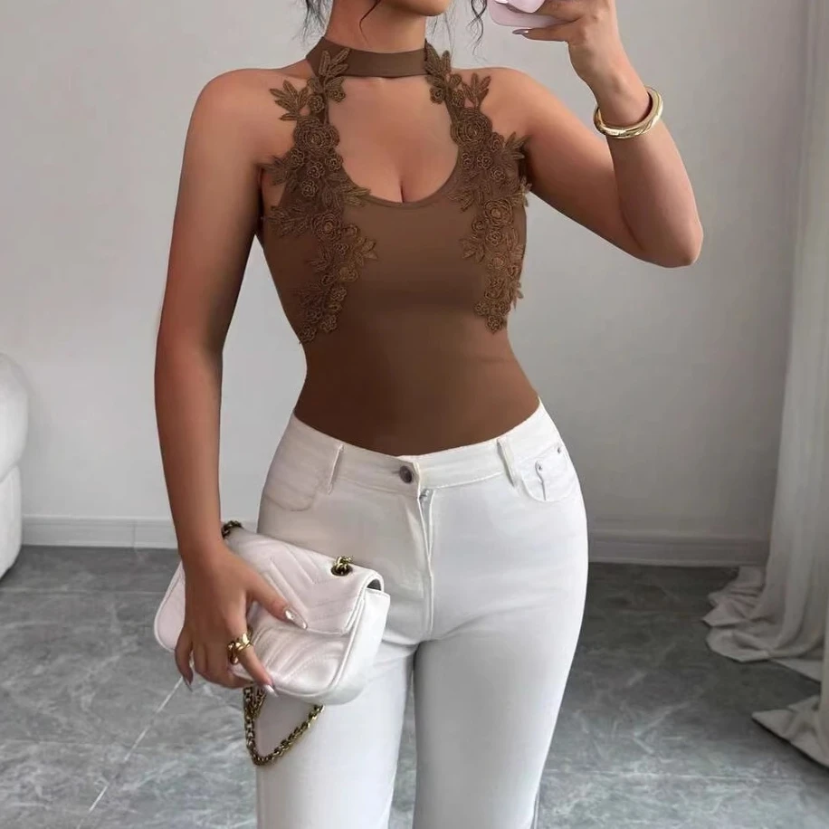 

Solid Women Tanks Coats Skinny Tops Sleeveless Embroidery Halter Neck V Collar Thin Slim Fit Office Lady Casual Y2K 2026 Summer