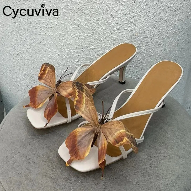 

Summer Brand Leather High Heel Slippers Women Square Toe Butterfly Decor Beach Slides Designer Sexy Party Dress Shoes For Women