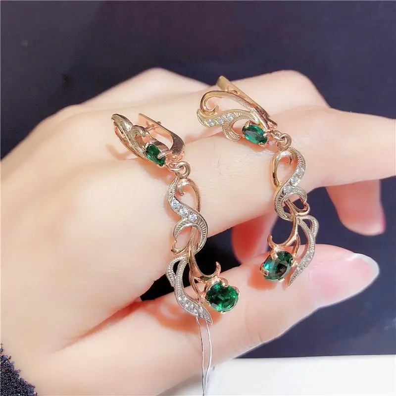 585 Purple Gold Green gem earrings for women Classic Luxury Long Style earings 14K Rose Gold Plating Wedding Engagement Jewelry