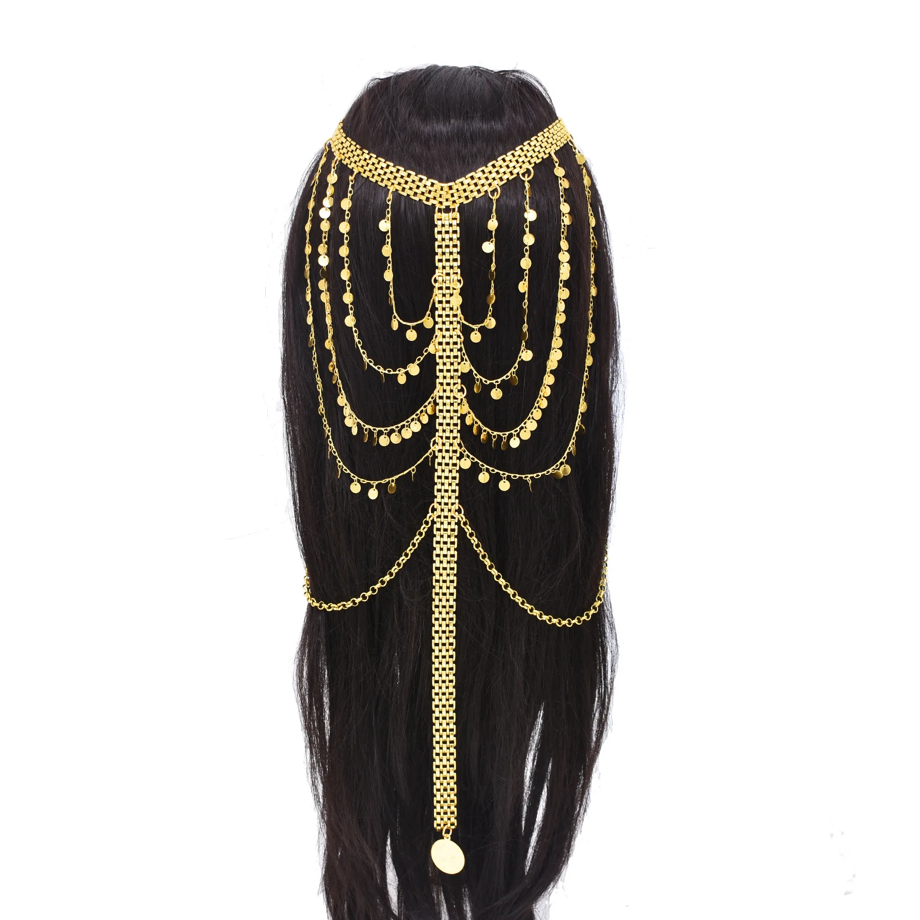 3 Styles Golden Arab India Ethnic Headwear Hair Accessories Long Chains Round Sequins Coin Crystal Tassel Bridal Wedding Jewelry