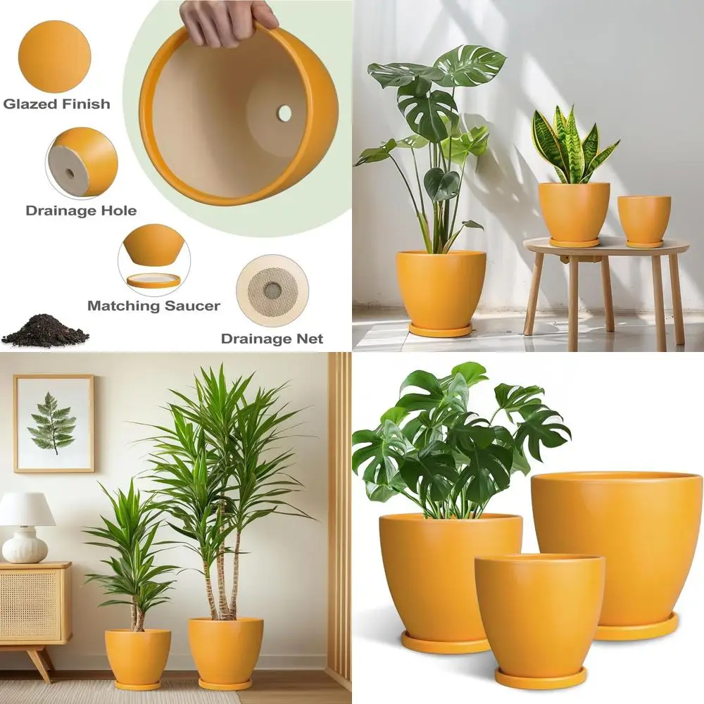 

Набор из 3 круглых декоративных кашпо с дренажем, подходящих для использования в помещении и на улице, оранжевого цвета